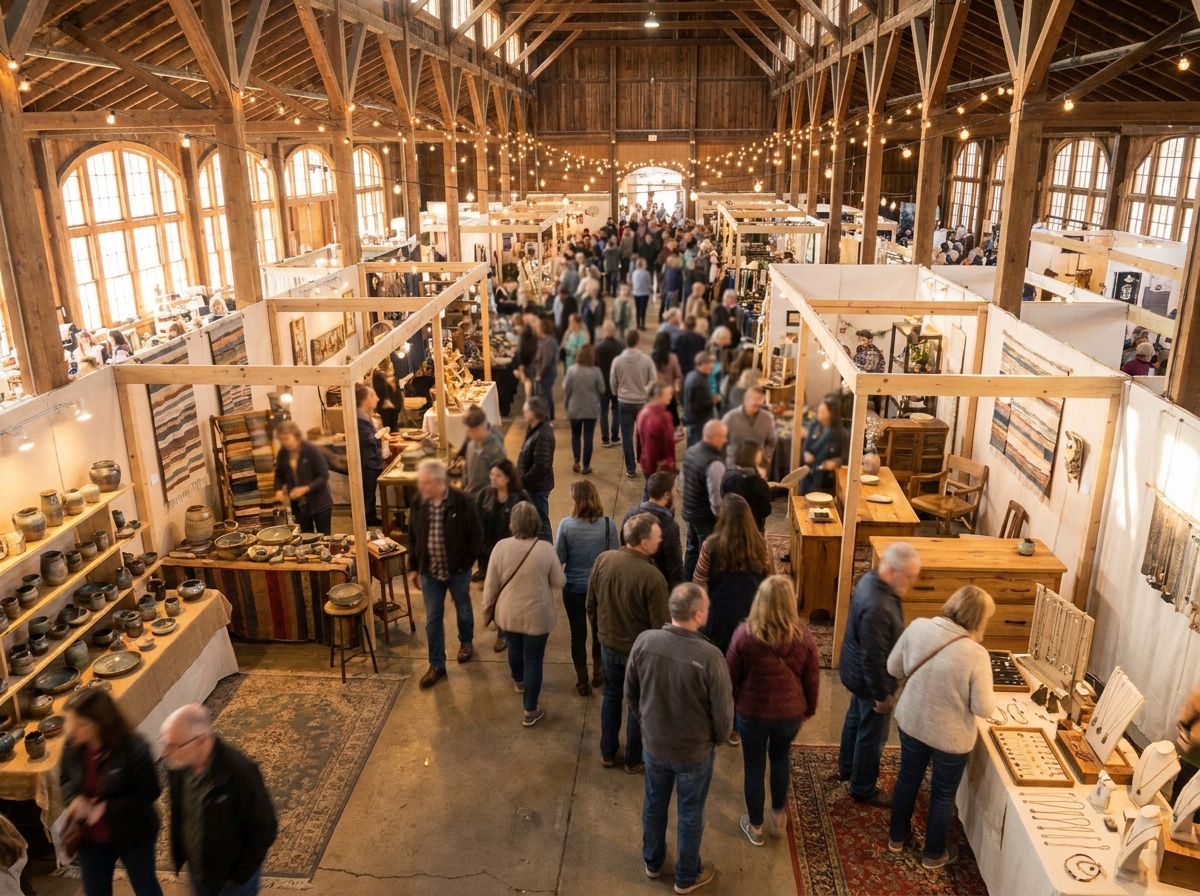 A busy craft fair with attendees browsing various vendor booths.