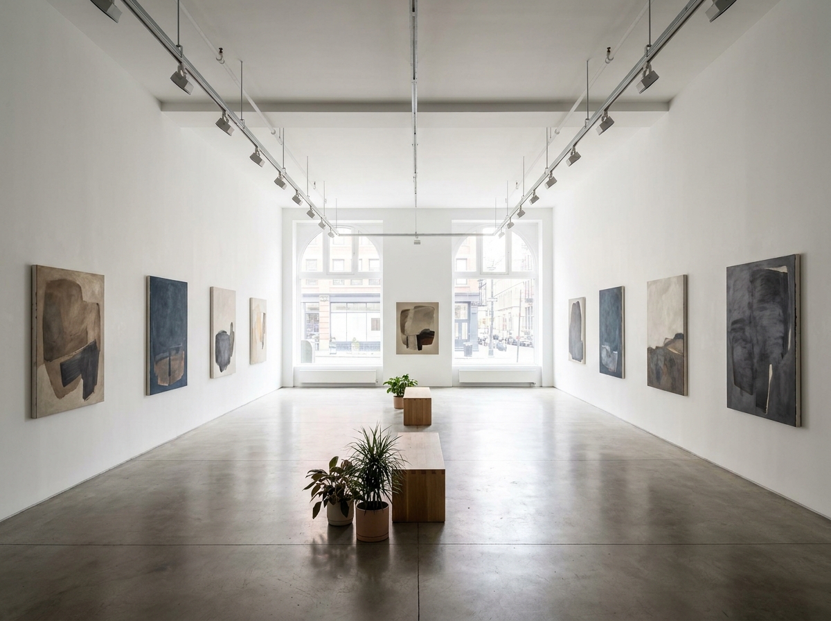 An art gallery with paintings on the wall, set up for a creative event.