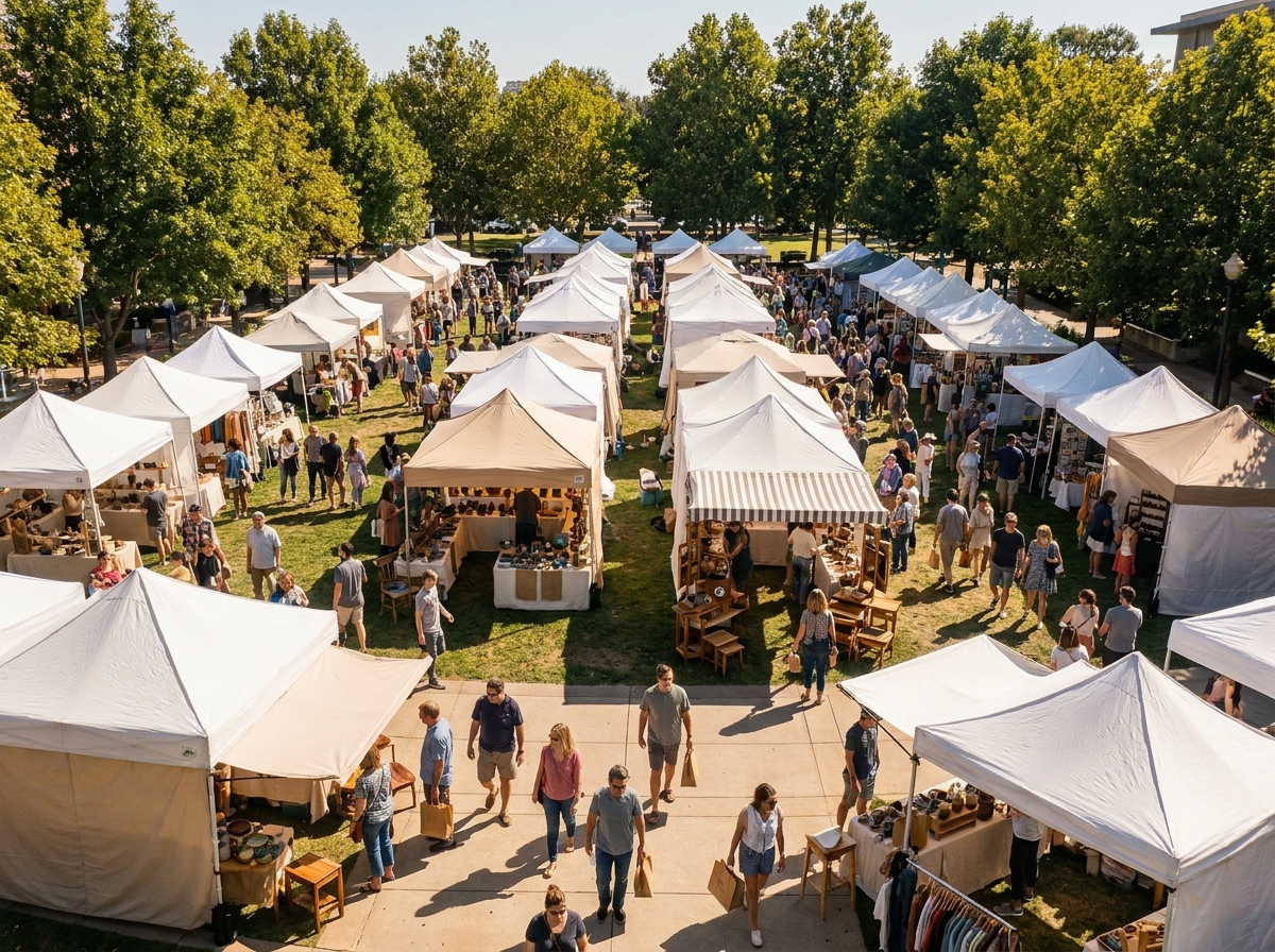 An outdoor maker market with vendor tents and crowds of people.