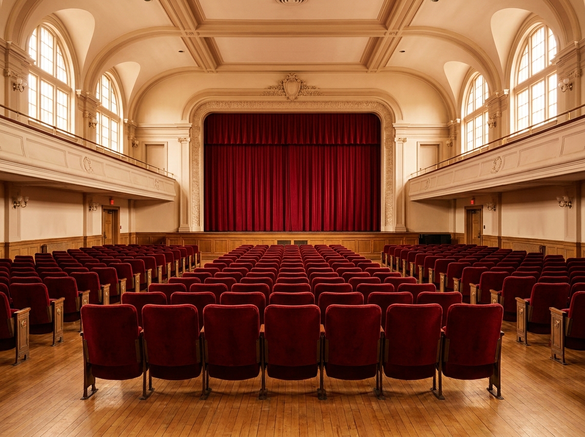An empty school auditorium, a common venue for events using school event ticketing software.