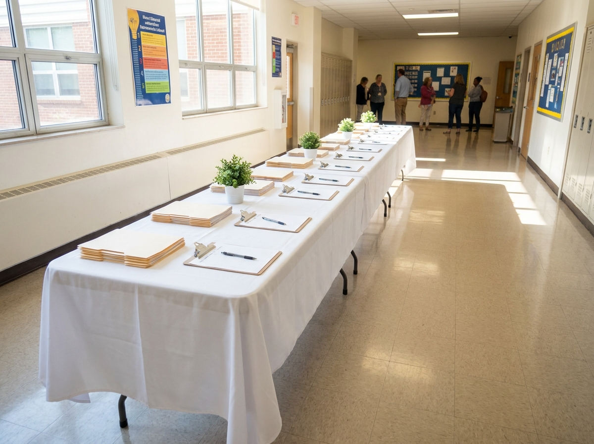 A registration table set up for a school event, managed with an online ticketing platform.