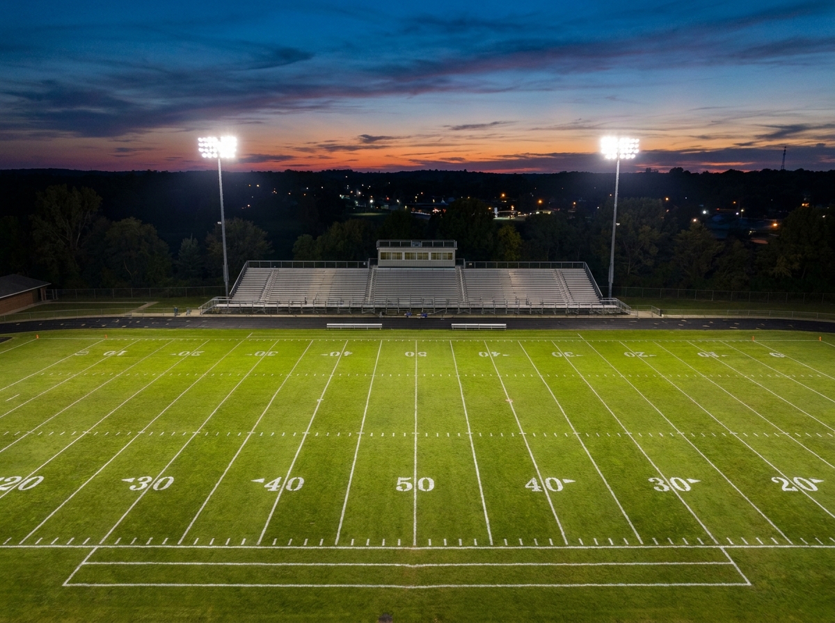 An empty school sports stadium, where tickets for school events are sold.