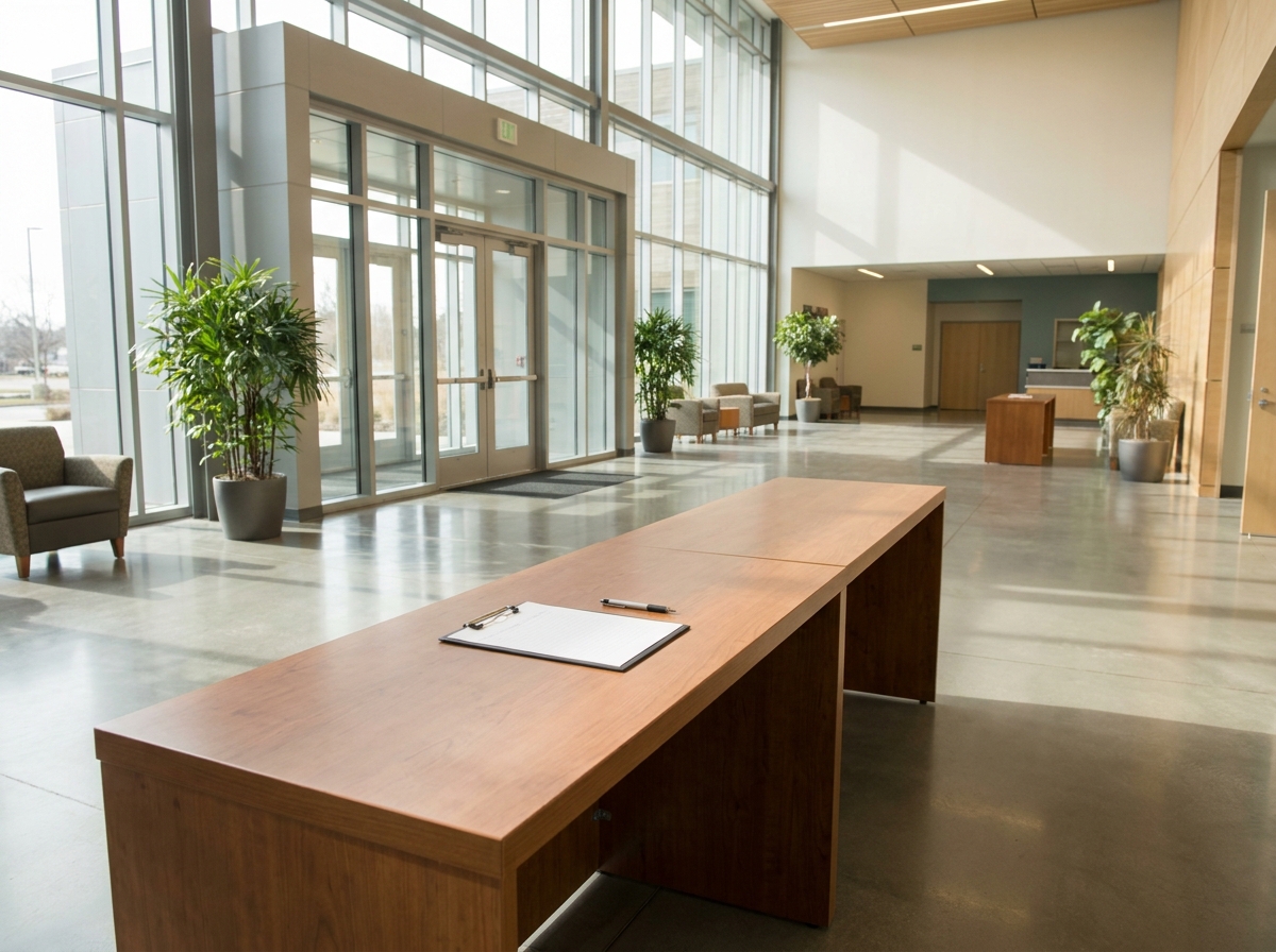 An organized registration area for an event, ready for attendee check-in.