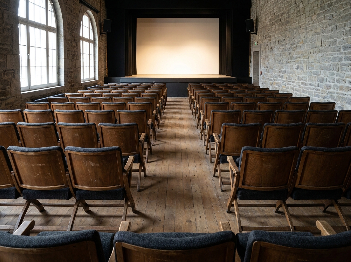 Empty seats in a small venue, representing a successful ticketing setup for a solo organizer.
