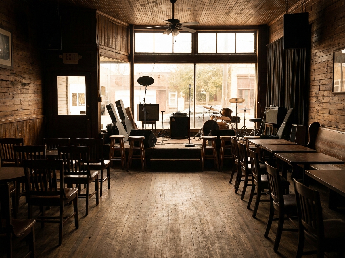 A stage prepared for a small music event, managed by a solo event organizer.