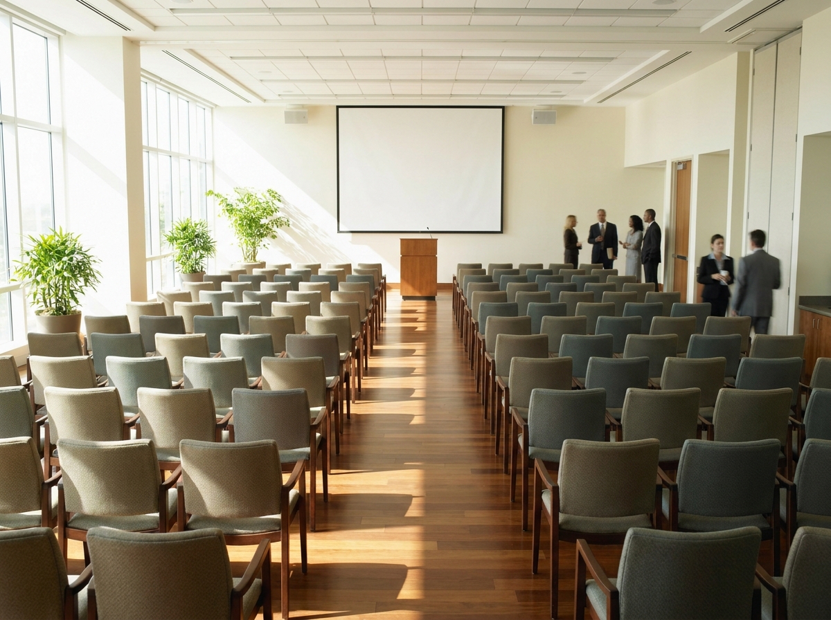 A conference room prepared for a nonprofit seminar or workshop.