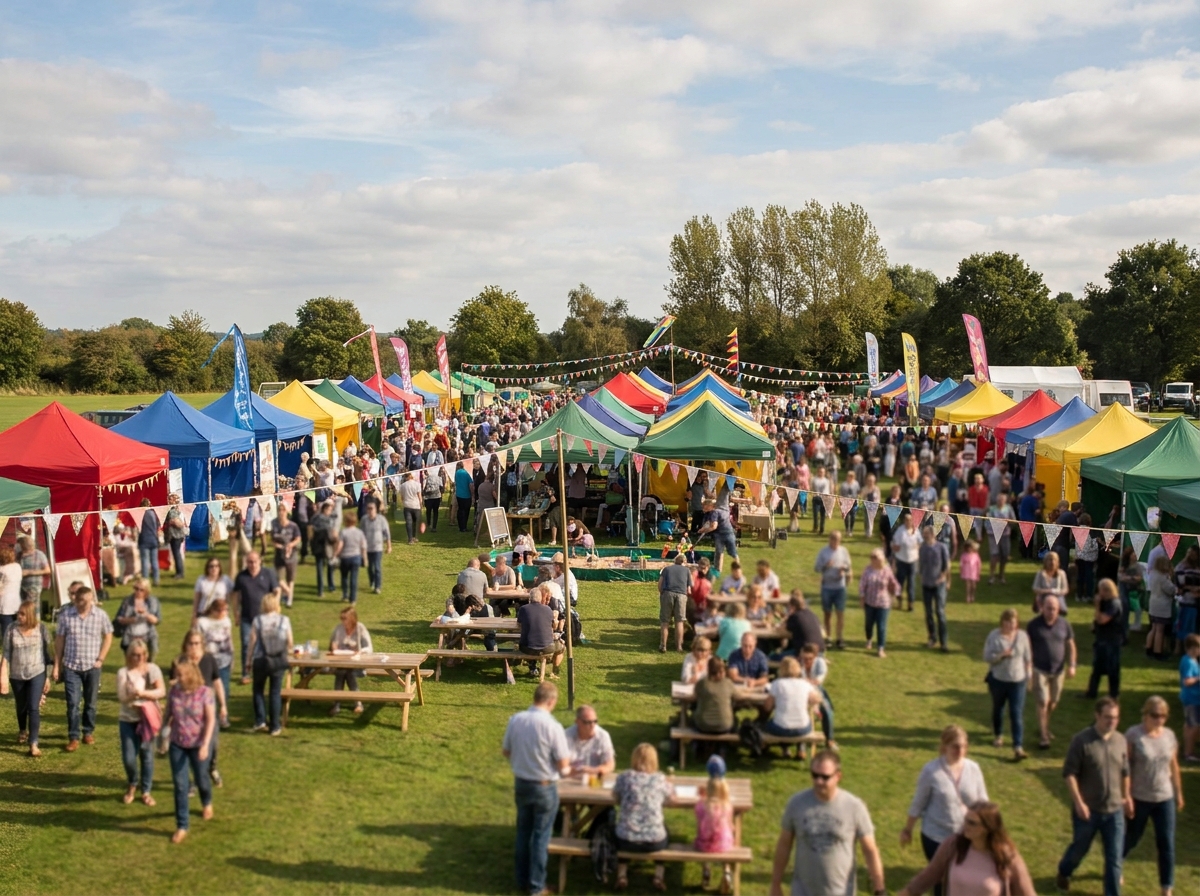 An outdoor community fair hosted by a charity, with tents and attendees.