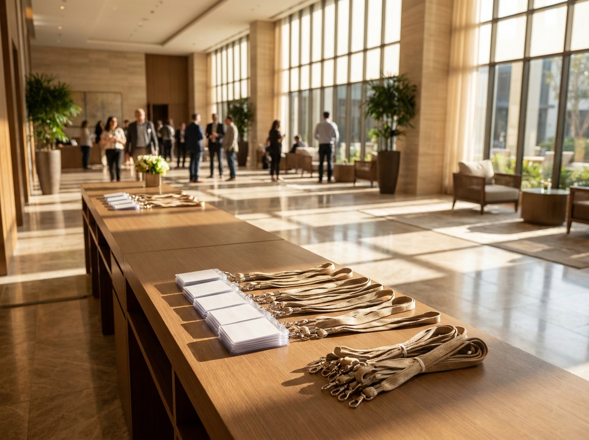 An event registration table prepared for attendee check-in.