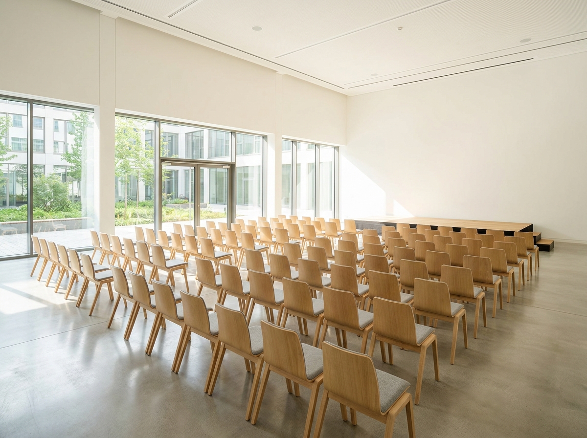 An empty event venue with chairs set up, ready for a free seminar.