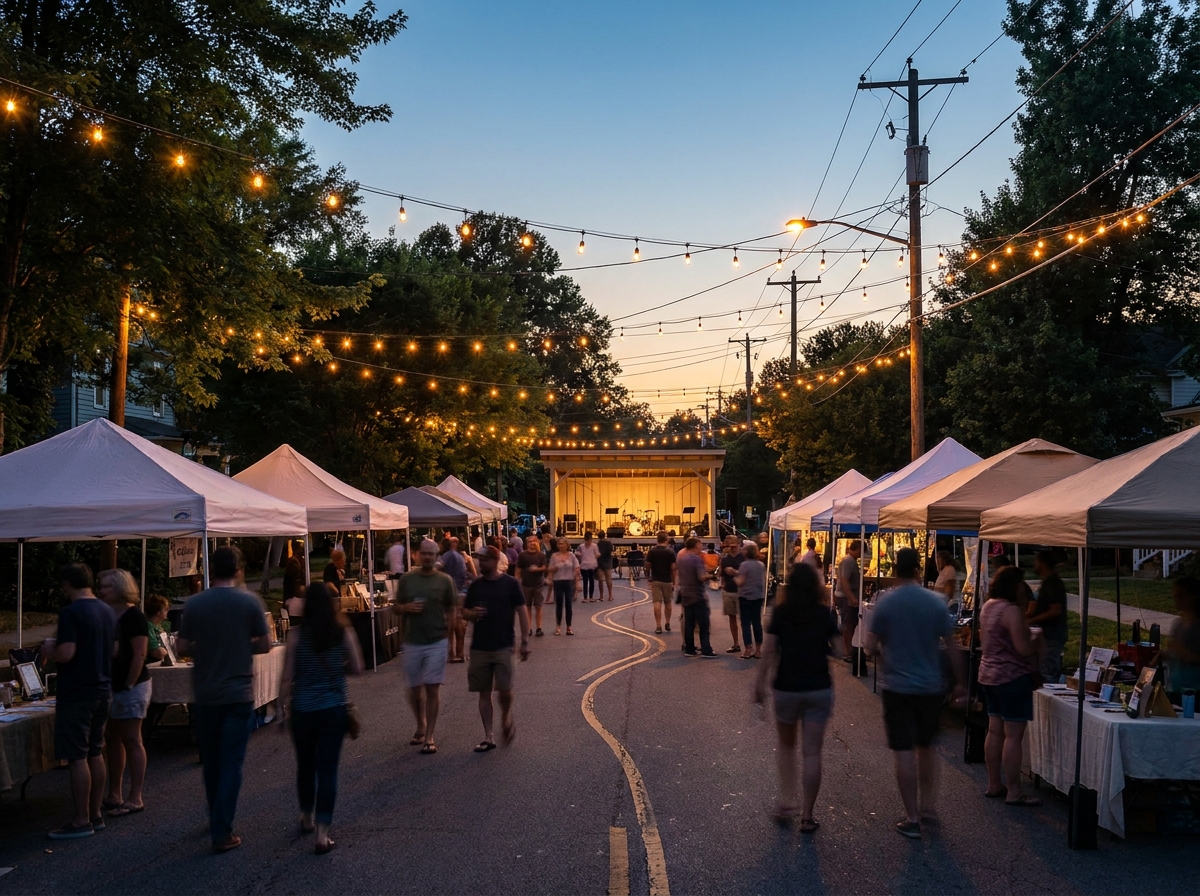 A community festival at dusk, an example of an event using free event ticketing.