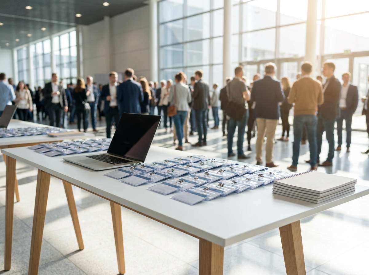 An organized check-in desk for an event using a free online ticketing system.