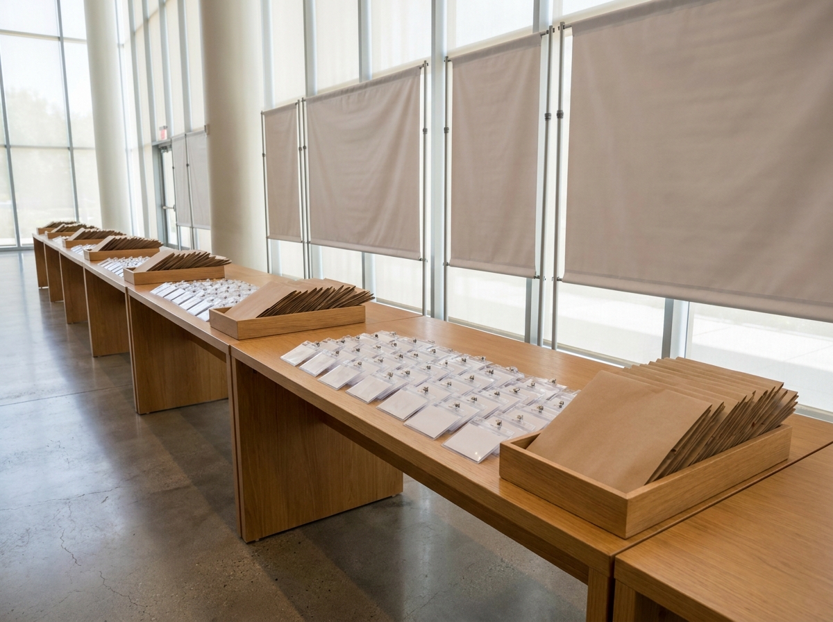 An organized registration desk at a nonprofit conference.