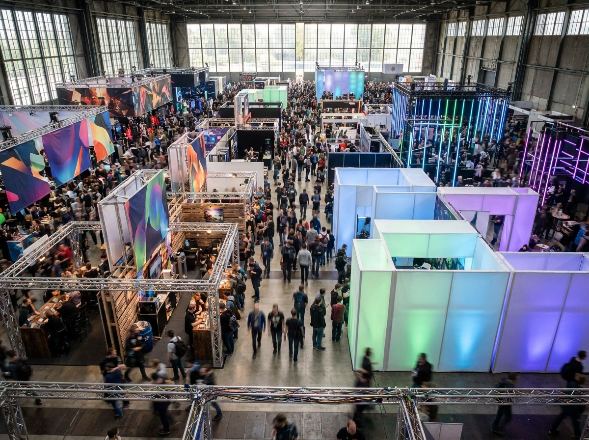 Attendees exploring booths at a large gaming and esports convention.