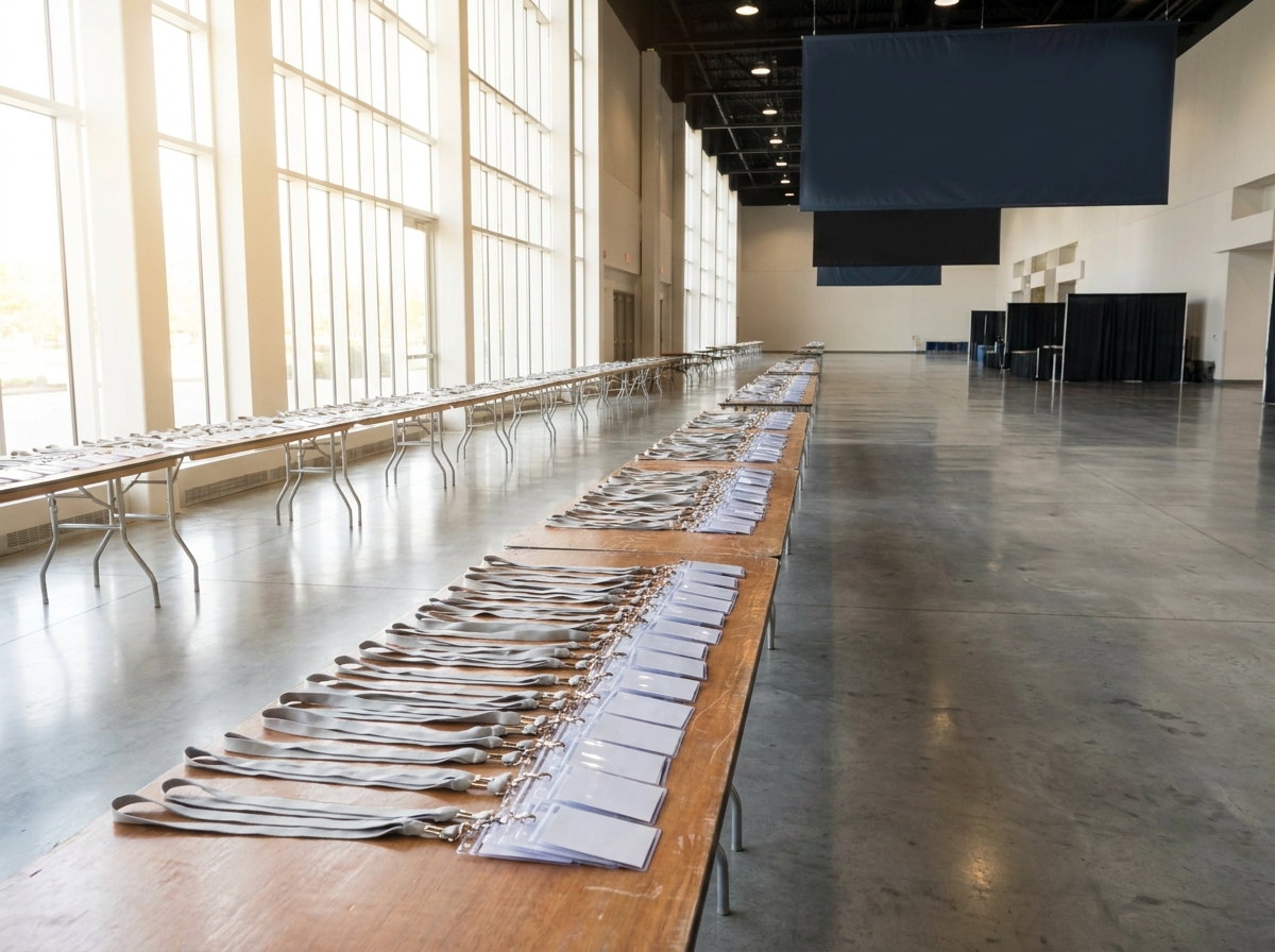 An empty registration and check-in area prepared for a gaming event.