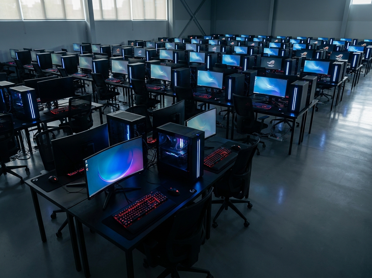 Rows of computers set up for a LAN party or esports tournament.