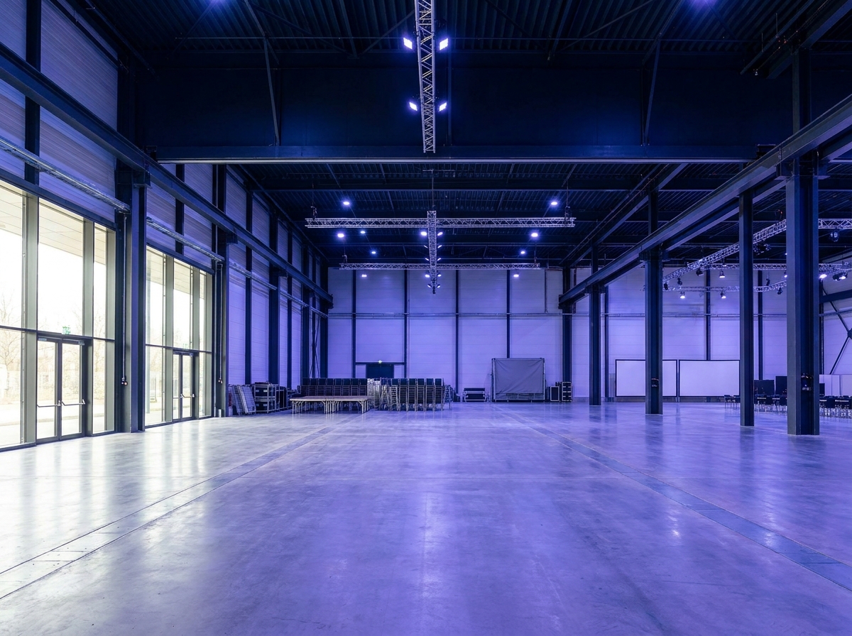 An empty, modern event space prepared for a large gaming tournament.