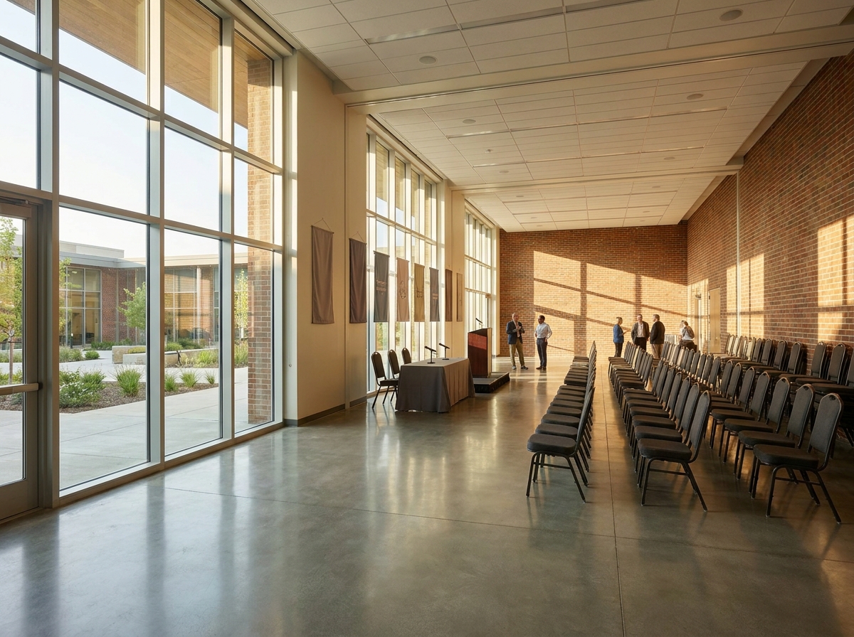 A community center room set up for a public sector event.