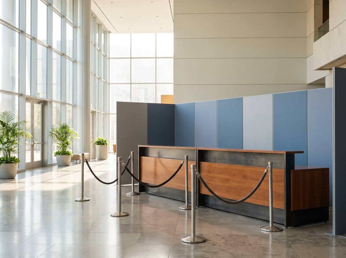 An empty registration desk at a conference center for a government event.