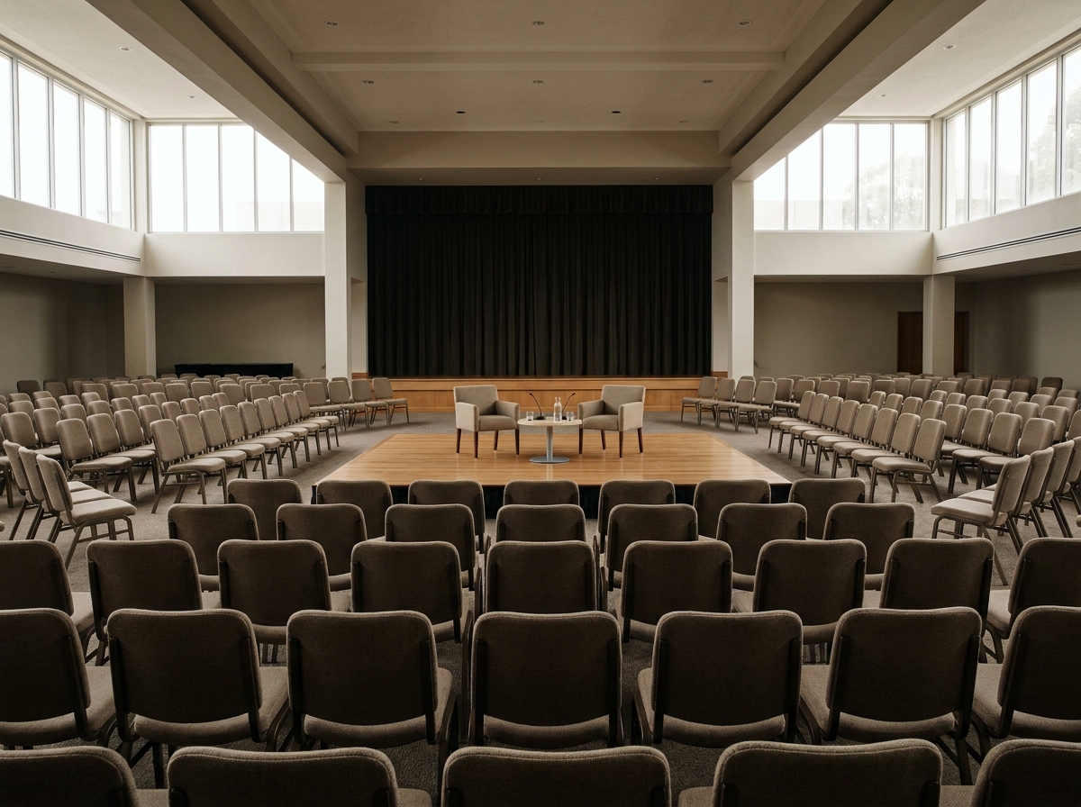 An empty conference room set up for a public panel discussion.