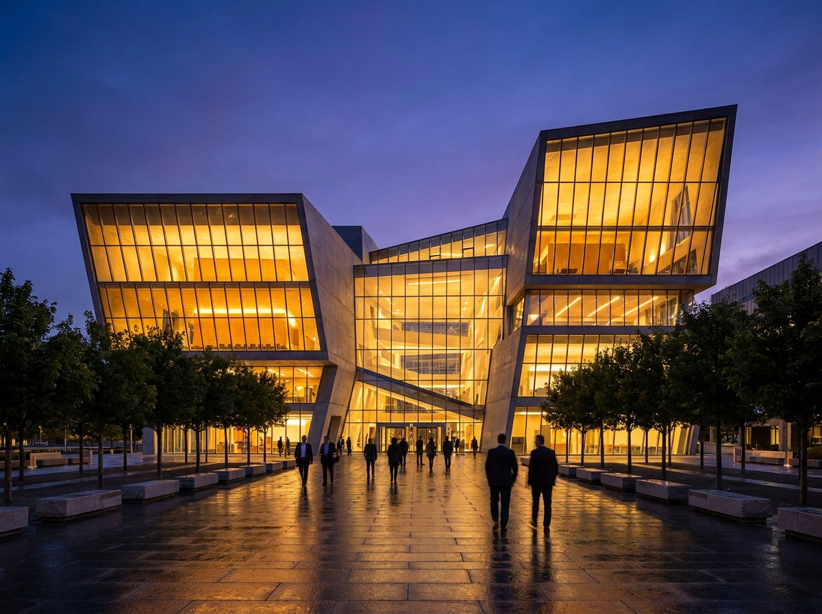 Exterior of a modern government building at dusk.