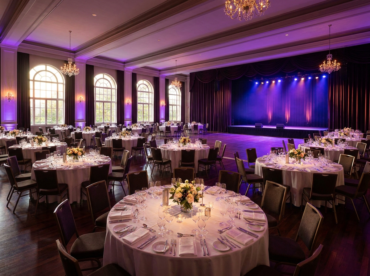 An empty ballroom prepared for a corporate gala, highlighting an event group booking platform.