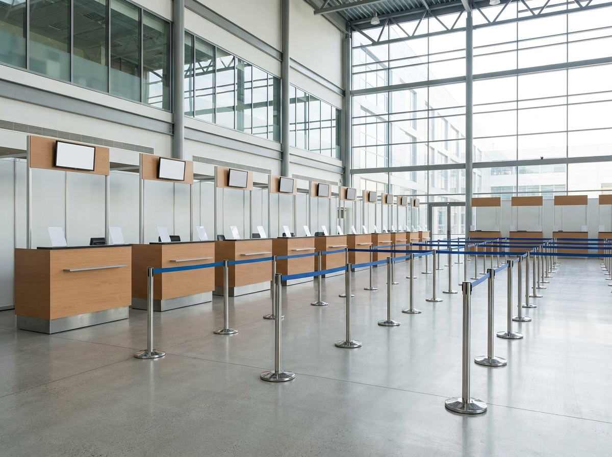 An organized registration area for a large event, managed with an event group booking platform.