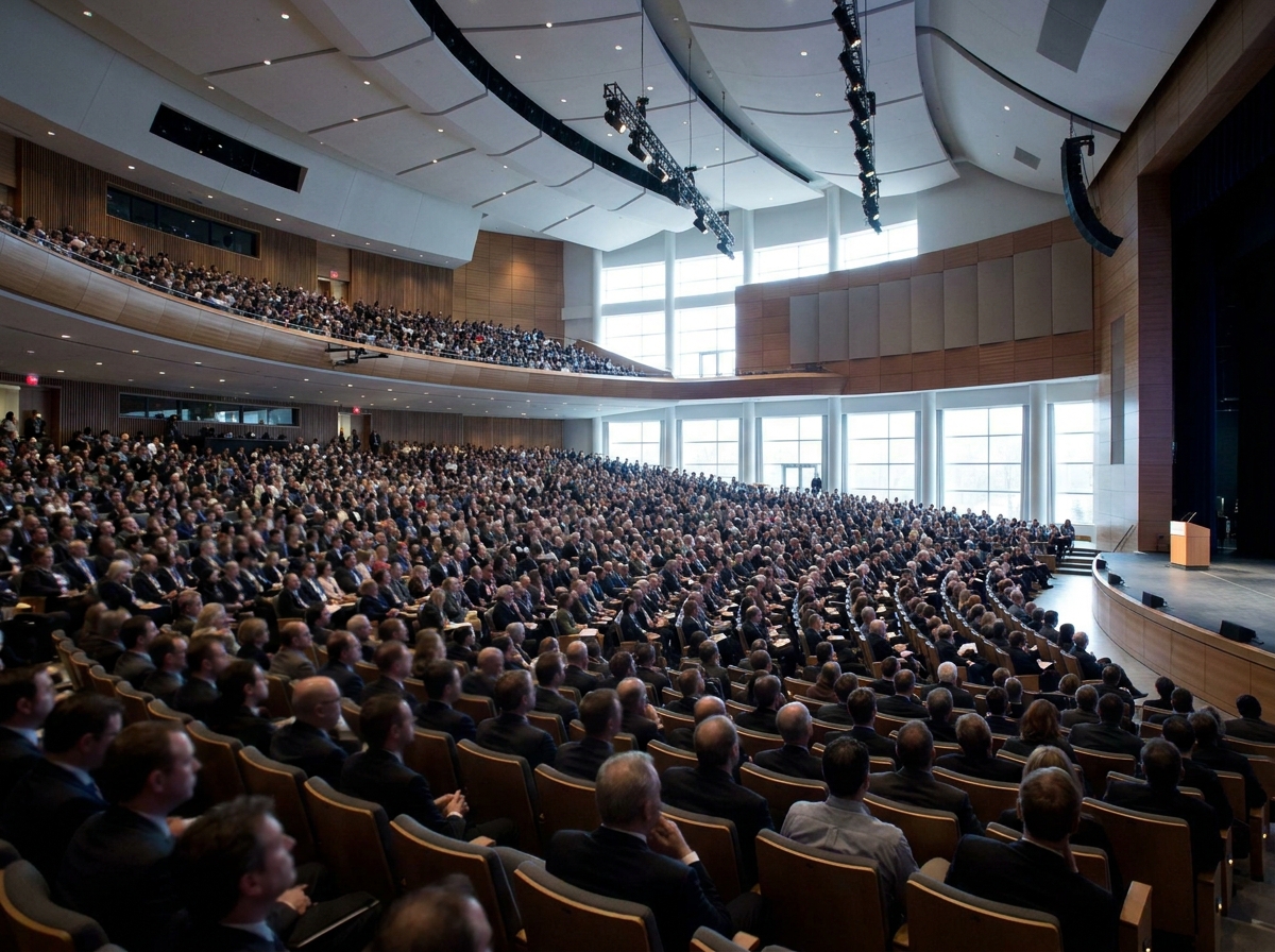 A large audience of attendees in a lecture hall during a healthcare conference.
