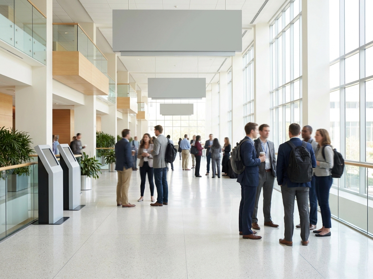 Healthcare professionals networking in the hallway of a medical conference center.