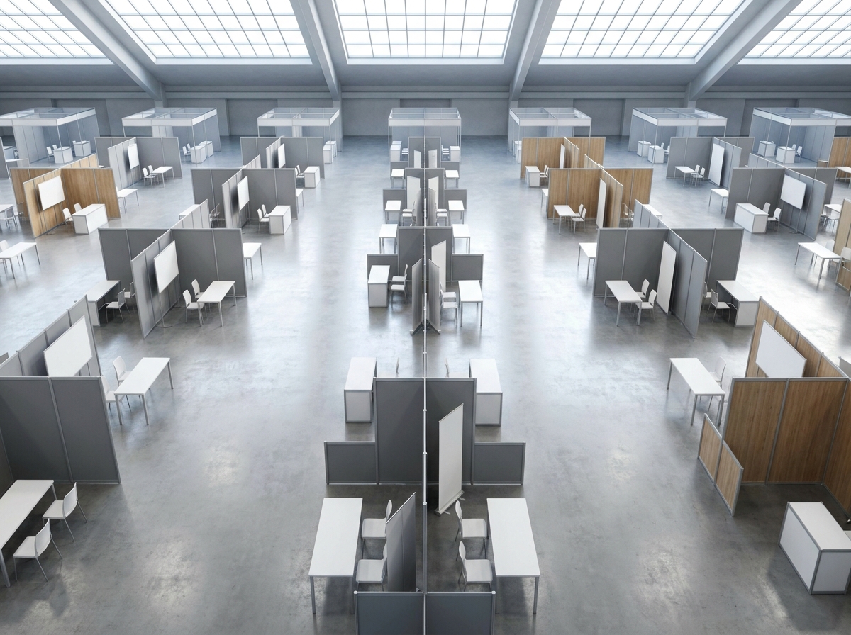 An empty exhibition hall prepared for a medical technology trade show.