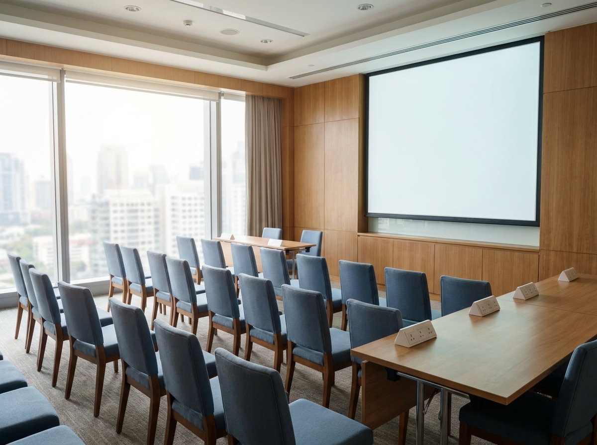 A conference room prepared for a breakout session at a medical event.