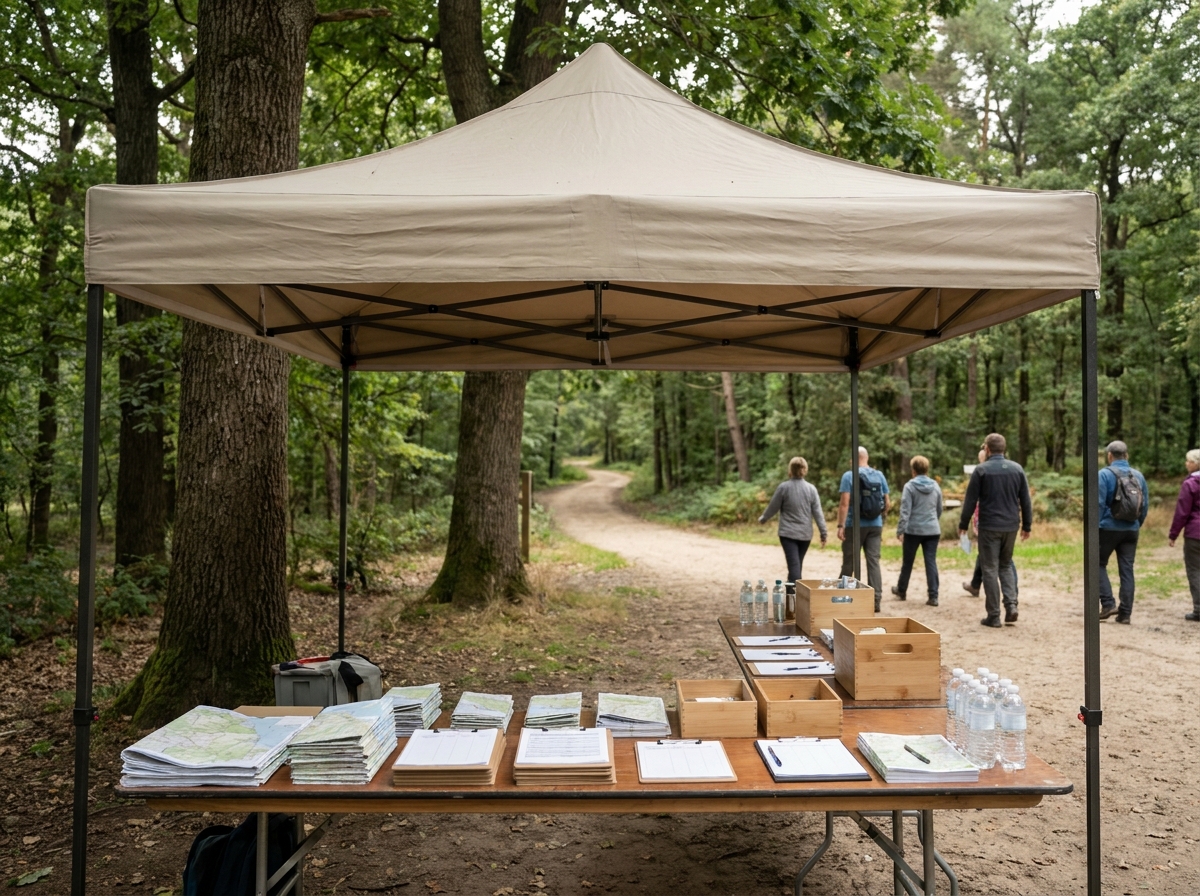An efficient check-in station for an outdoor event, set up using Eventbrite's registration tools.