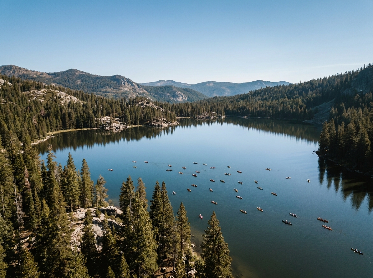 Kayakers on a lake, an example of an outdoor adventure event that uses Eventbrite for ticketing.