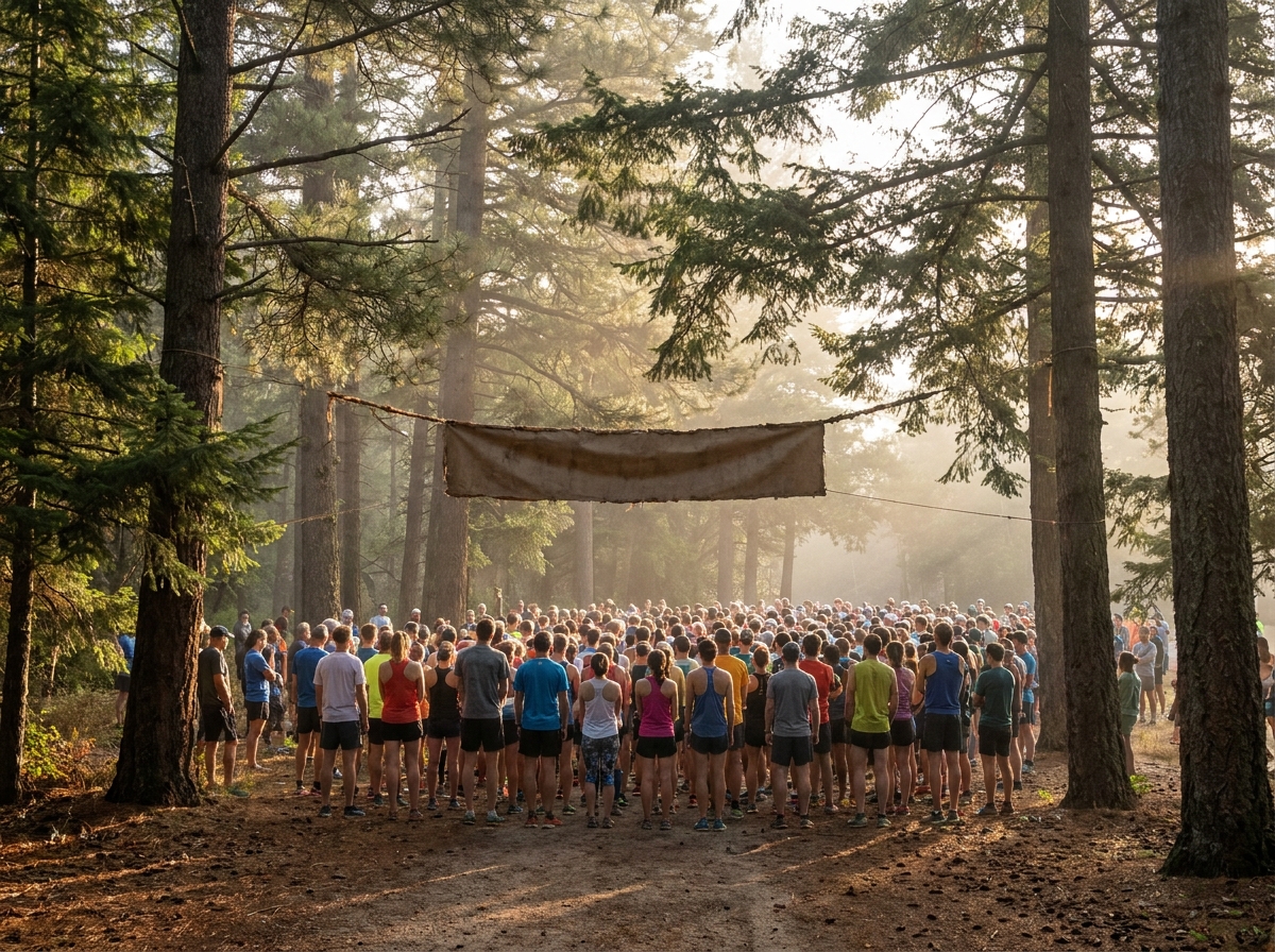 The starting line of a trail race, an outdoor event managed with Eventbrite's tools.