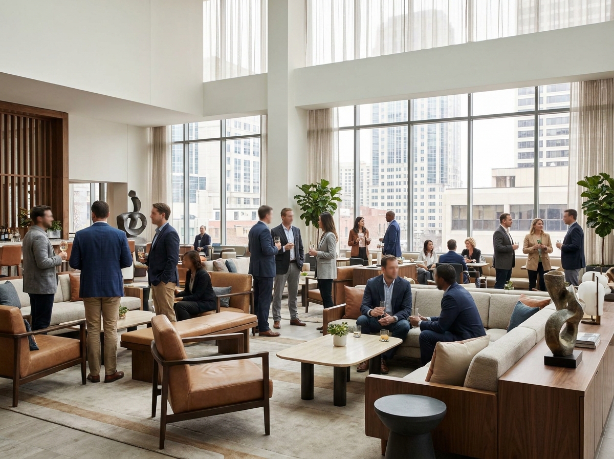 A professional networking event taking place in a chic hotel lounge.