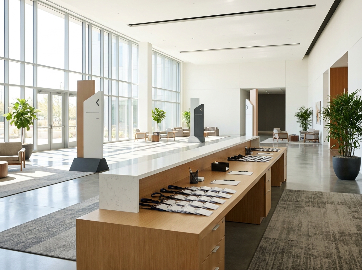 The registration area of a hotel conference center, ready for guests.