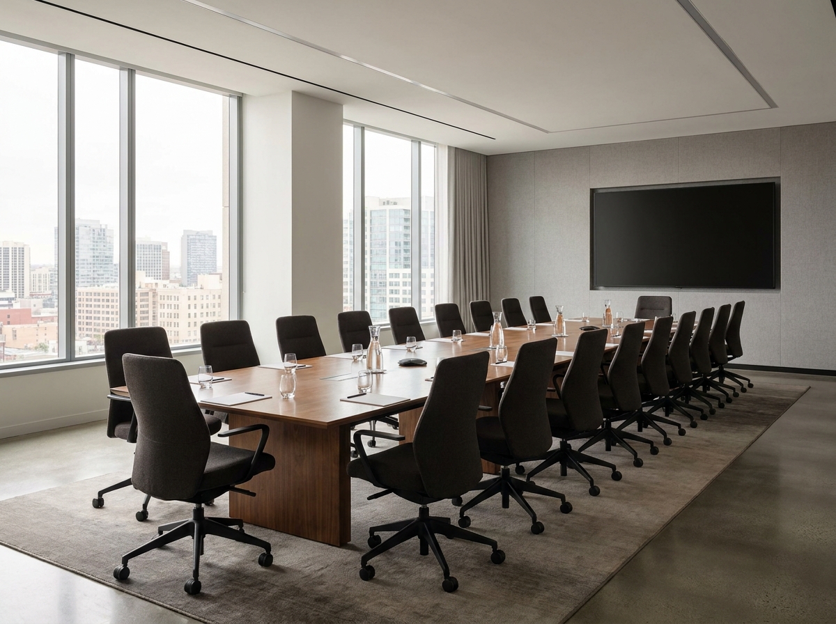 A professional hotel meeting room set for a corporate event.