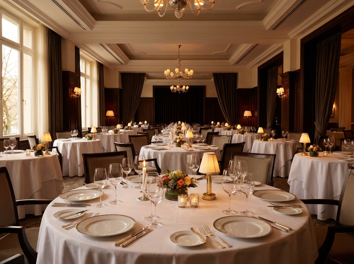 A fine dining hotel restaurant prepared for an exclusive event.