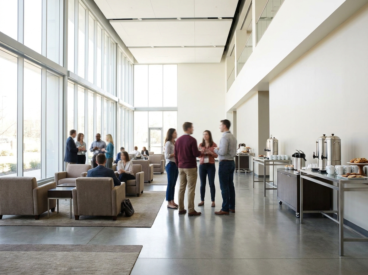 Professionals networking in a bright hall during a hybrid conference.
