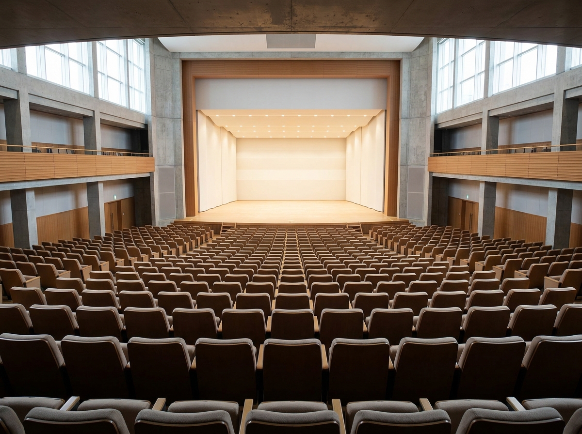 An empty auditorium viewed from the back, awaiting attendees for a hybrid event.