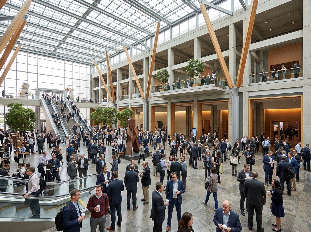 The bustling atrium of a convention center, a common venue for hybrid events.