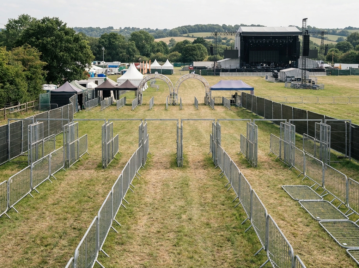 An empty festival entrance with multiple gates, ready for high capacity event ticketing and check-in.