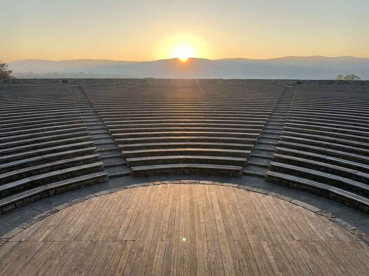 An empty large-capacity amphitheater, symbolizing the scale managed by Eventbrite's reporting and payment tools.