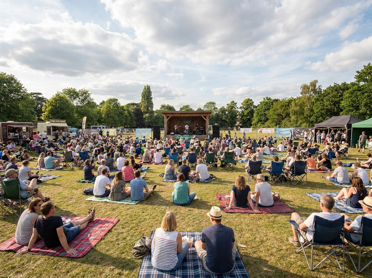 A crowd at a local park festival, an event organized using a cheap ticketing platform.