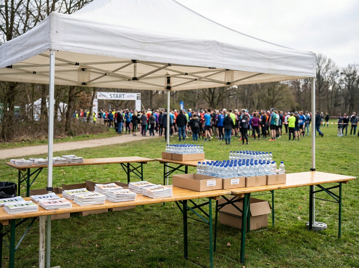 A registration desk for a charity run, managed with a platform that supports low cost ticket sales.