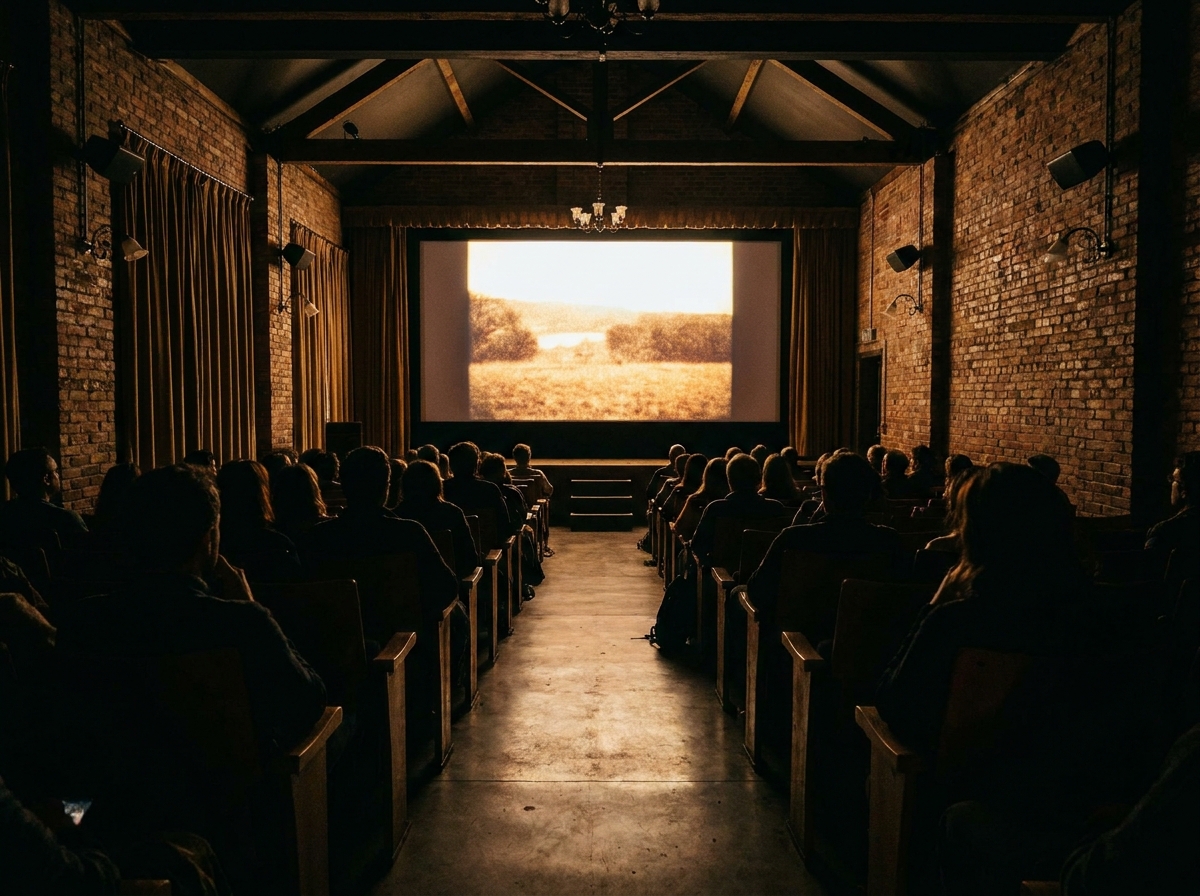 An audience watching a film at an independent theater, an event organized with a low-fee ticketing platform.