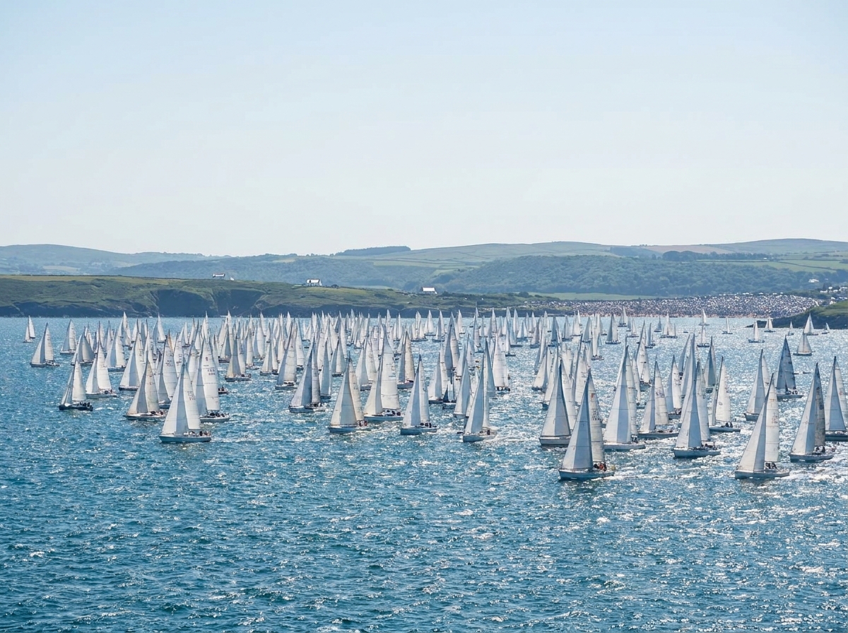 A fleet of sailboats competing in a regatta on a sunny day, showcasing a popular marine event.