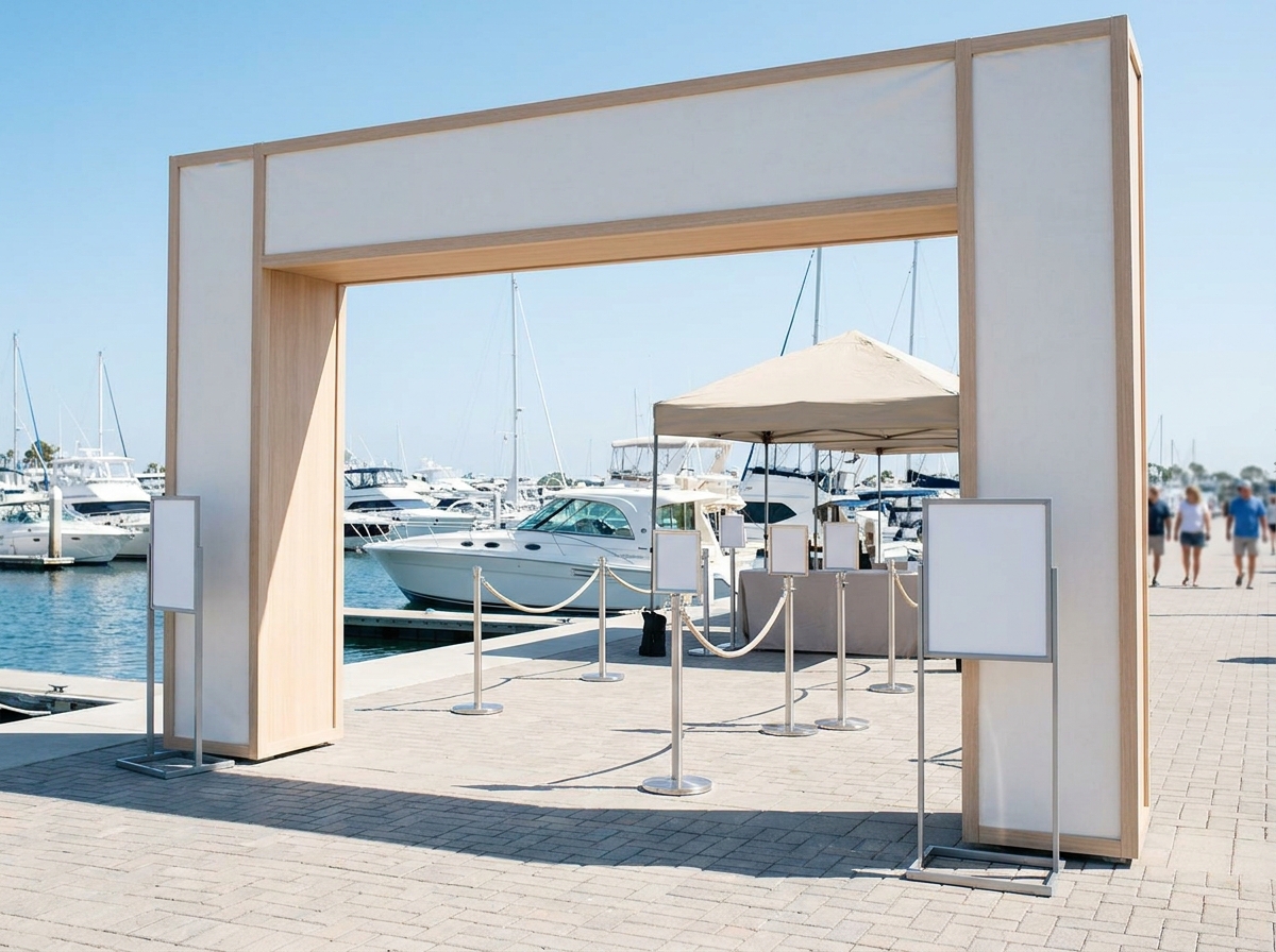 A well-organized check-in area for a boat show at a marina, ready to welcome attendees.