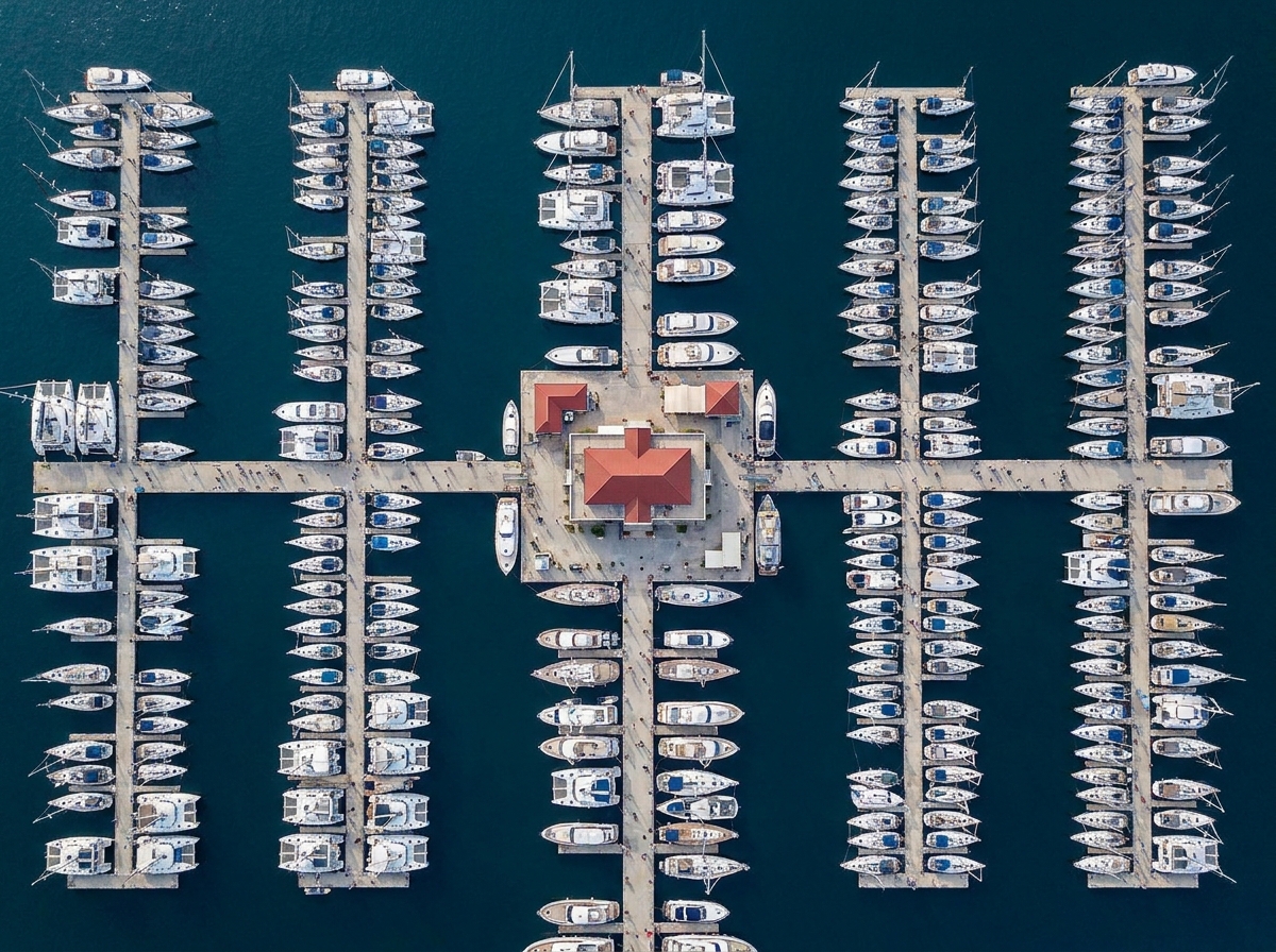 An aerial view of a packed marina, illustrating the scale of a successful marine & boating event.