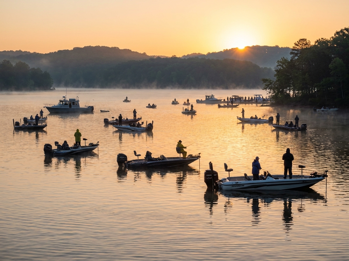 Fishing boats gathered on the water at sunrise for a fishing tournament.