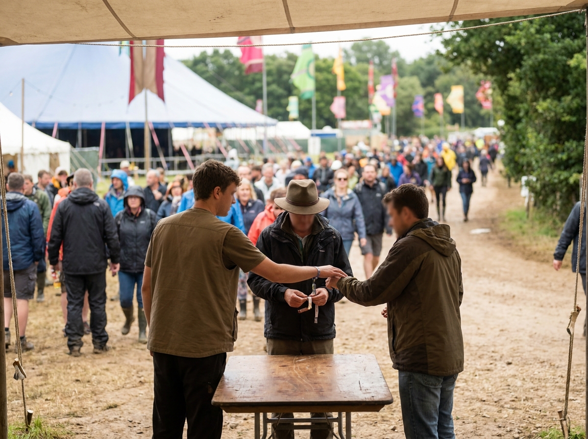 A volunteer using a mobile device for event check-in at an outdoor festival.